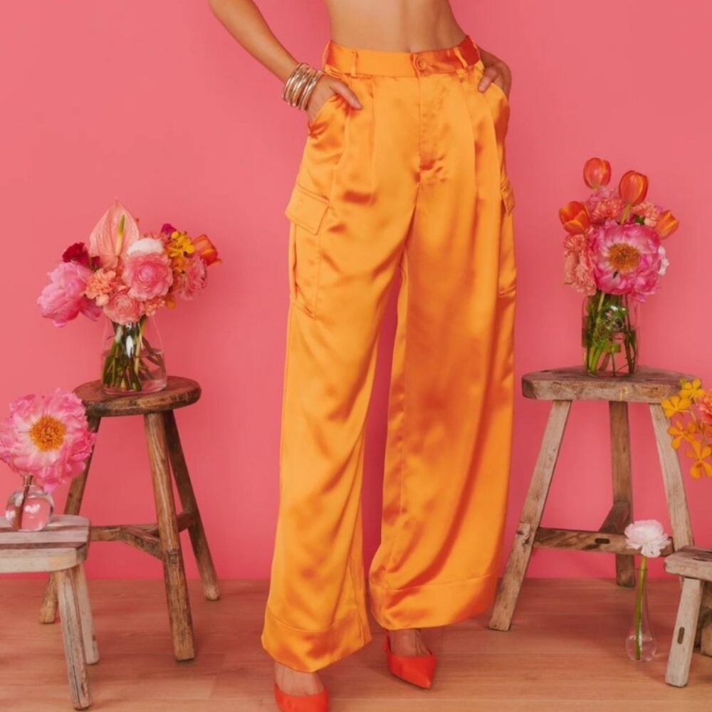 New Show Me Your Mumu Cameo Wide Leg Cargo Silky Orange Pants Xl Coconut Girl